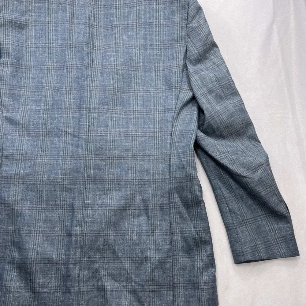 Ralph Lauren Sport Coat Wool Silk Linen Plaid Blue Mens 42L